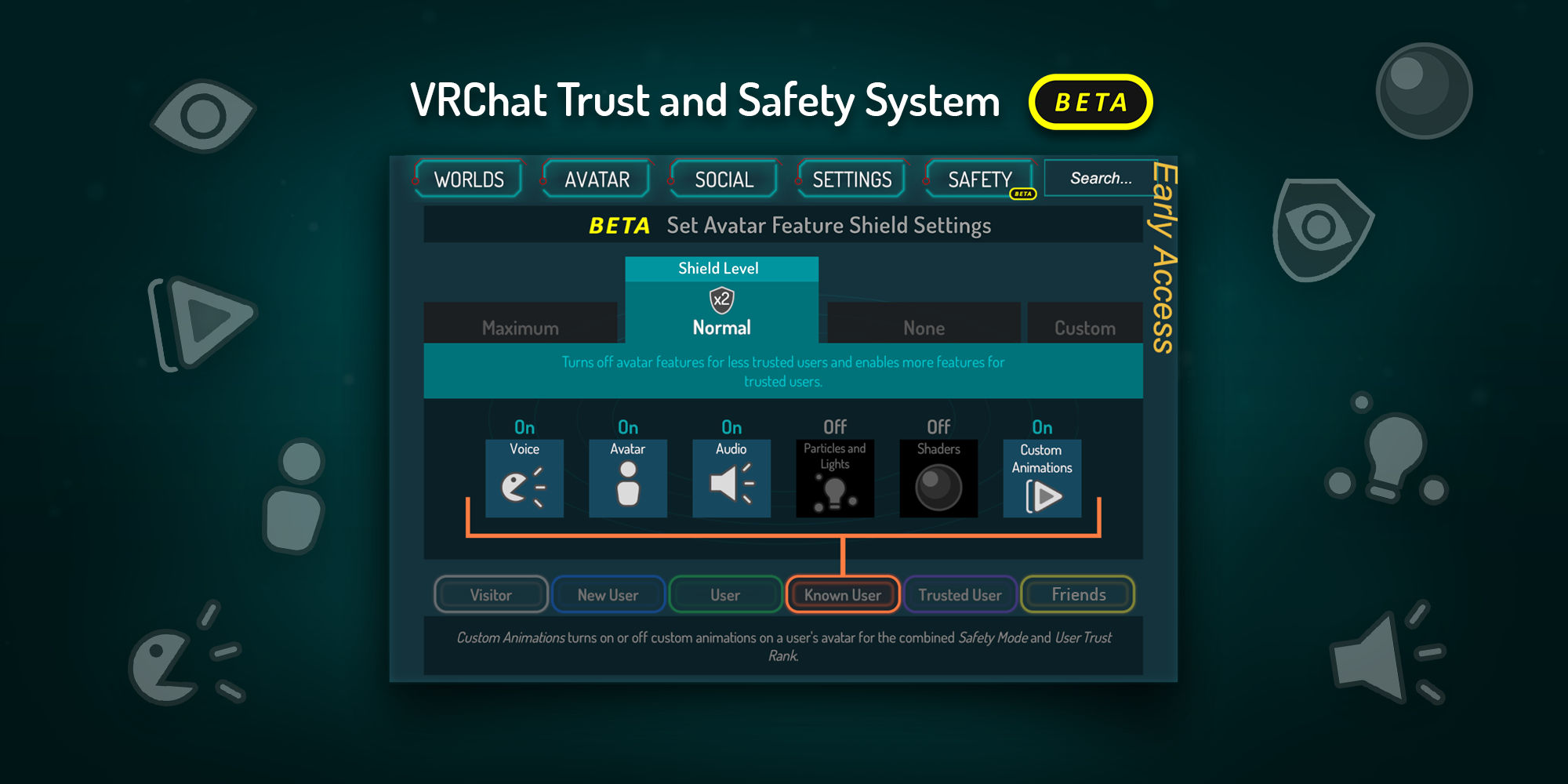 A screenshot showing VRChat's Trust and Safety System's settings.